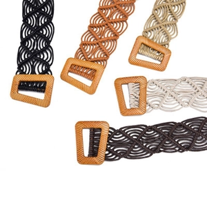Bohemian Hand Woven Belt For Women Vintage Ethnic Wax Rope Hollow Out Waist Belt With Square Wood Buckle Casual Fashion Accessories