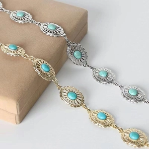 Ceinture chaîne de taille bohème sertie de pierres turquoise en métal doré et argenté