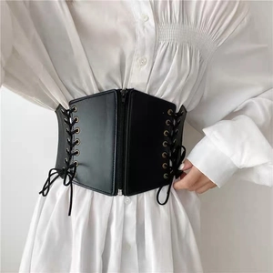 Women's vintage elastic wide corset belt with front zipper and cross lace-up design