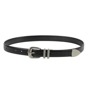 Vintage black leather belt with silver pin buckle and metal tip for women jeans