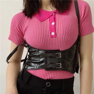 Corset de taille punk noir en similicuir avec bretelles et fermeture à double boucle
