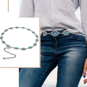 Chaîne de Taille en Métal Turquoise Artificielle Vintage Bohème pour Femmes Or Argent Alliage Incrusté Ceinture Ethnique