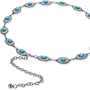 Ceinture chaîne bohème en métal argenté avec motifs floraux et inserts en turquoise