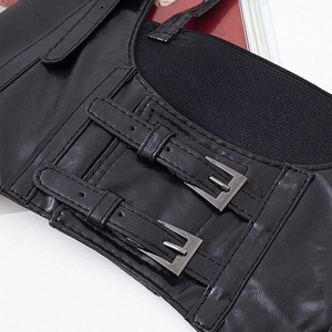 Ceinture corset noire style punk en simili cuir avec double boucle argentée et élastique