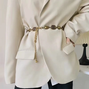 Vintage gold engraved metal waist chain accessory for dresses and blazers