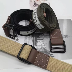 Canvas double D-ring belts in black, green, and khaki with stylish leather accents