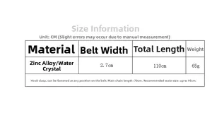 Size chart for zinc alloy waist chain with rhinestones, 110cm length and 2.7cm width