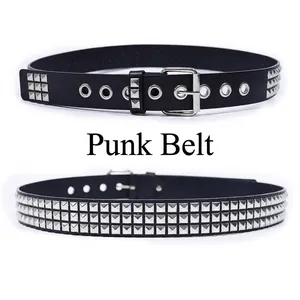 Ceinture Punk Rock Hip Hop pour Hommes Femmes Trois Rangées de Clous Pyramide Similicuir Oeillets Taille Jeans Ceinture
