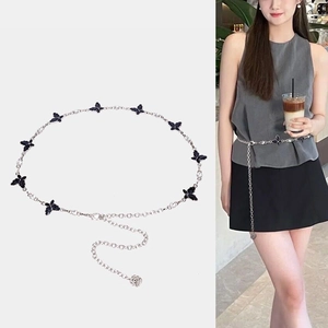 Elegant Butterfly Rhinestone Waist Chain For Women Zinc Alloy Metal Adjustable Belt Body Chain With Flower Pendant Jewelry Accessory