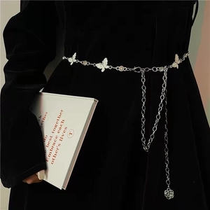 Elegant silver butterfly waist chain belt with pearl accents and flower pendant for dresses