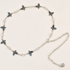 Silver waist chain belt with black butterfly charms, rhinestones and rose flower pendant