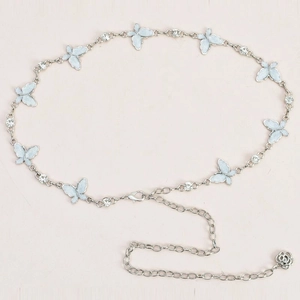Silver metal chain belt with light blue butterflies and sparkling rhinestones for dresses