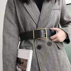 Women Retro Artificial Leather Wide Belt With Gold Square Pin Buckle Elegant Solid Color Waist Slimming Fashion Accessory
