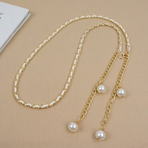 Women Fashion Waist Chain Metal Leather Woven Belt Pearl Pendant Dress Decorative Chain Body Jewelry Accessories