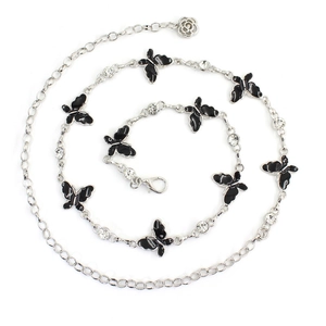 Silver metal waist chain featuring black enamel butterflies and sparkling rhinestones