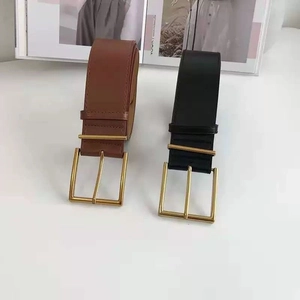 Minimalist black and brown leather belts with classic golden metal buckles on a white background