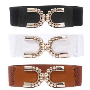 Large ceinture élastique vintage avec boucle double C dorée en noir blanc et marron
