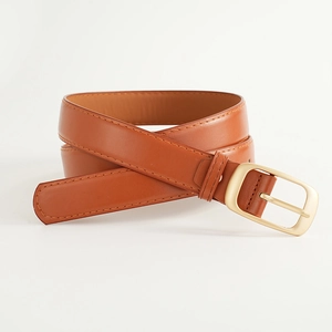 Ceinture classique en similicuir marron caramel avec boucle carrée dorée pour femme