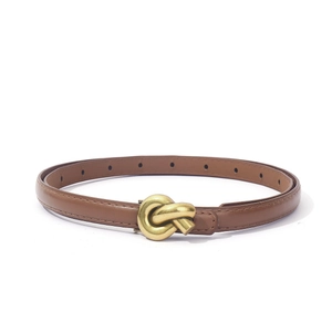 Detailed macro view of the gold knot buckle and brown leather strap of the belt
