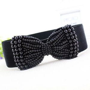 Elegante brede zwarte elastische riem met met parels bezette vlindergesp voor jurken