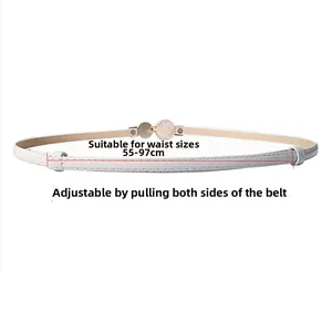 Detail of adjustable white patent leather belt with gold round buckle for waist 55-97cm