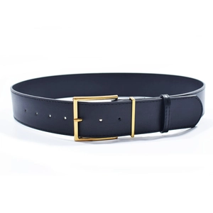 Minimalist black leather belt for women featuring an oval golden pin buckle and smooth finish