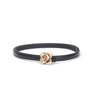 Ceinture fine noire pour femme avec boucle rose dorée et trous de réglage visibles