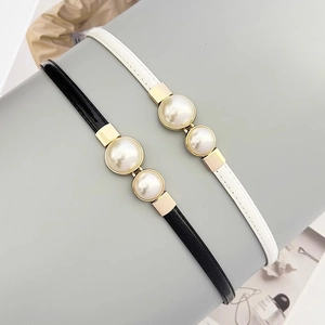 Elegant Women Faux Leather Thin Belt With Double Artificial Pearl Alloy Buckle Adjustable Waist Belt For Dress Suit Accessories