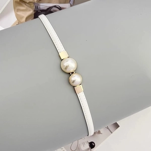 Elegant white patent leather skinny belt for women with luxury double pearl buckle detail