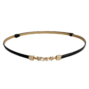 Fine ceinture élégante en cuir noir pour femme avec boucle en perle dorée ajustable