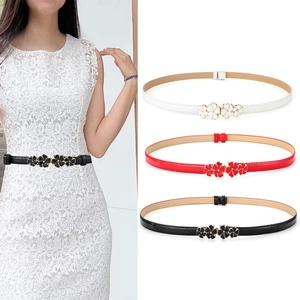 Women Thin Leather Belt Elegant Enamel Flower Buckle Skinny Waist Belt For Dresses Coats Jeans Sweet Lady Belt Accessory