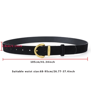 Detailed size specifications for a black suede belt with a golden horseshoe buckle