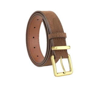 Close-up of retro brown faux suede belt with high-quality golden metal pin buckle