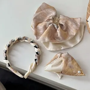 Korean Style Marble Print Tie Dye Hair Accessories Satin Fabric Faux Artificial Pearl Headband And Hair Claw For Women Girls Daily Party