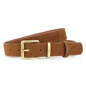 Detail of vintage brown faux suede belt featuring gold metal buckle and stitching