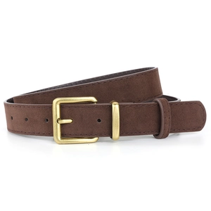 Detail of dark brown faux suede belt with vintage brass square buckle on white background
