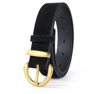 Detail view of black faux suede belt with golden oval metal buckle and fine stitching