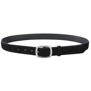 Close-up of black matte faux suede belt with vintage silver metal pin buckle