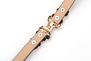 Detail view of gold petal buckle with cross screws on khaki suede belt