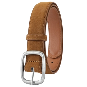 Detail of vintage brown suede leather belt featuring a classic silver needle buckle