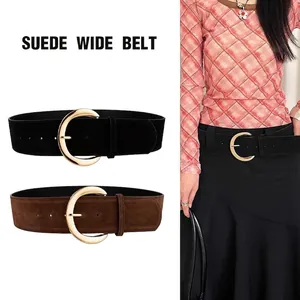 Vintage Women Suede Wide Belt Retro Faux Suede Waist Belt With Large Gold C-Buckle For Dress Skirt Fashion Accessory