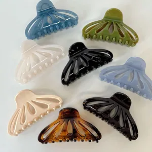 Set of 8 French-style glossy fan-shaped hollow hair claws in diverse Morandi colors