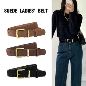 Women's Vintage Faux Suede Belt Simple Elegant Waist Strap With Gold Square Pin Buckle Versatile Accessory For Jeans And Dresses