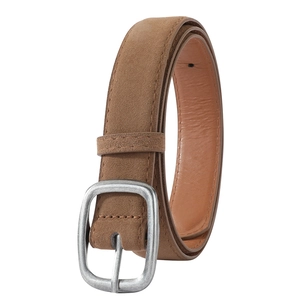 Detail of a brown faux suede belt featuring a vintage silver buckle and fine stitching