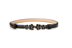 Detail of thin faux suede belt featuring golden vintage floral buckles on black leather