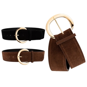 Vintage suede wide waist belt for women with elegant golden semicircular buckle