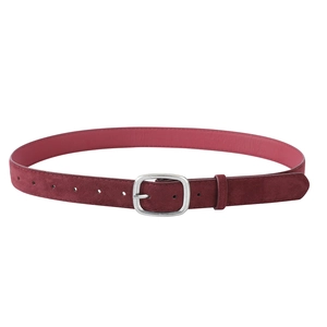 Close-up of burgundy faux suede belt with vintage matte silver buckle and fine stitching