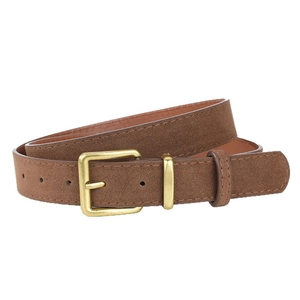 Vintage brown suede waist belt with minimalist gold square buckle for women dresses