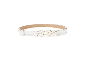 Detail of white faux suede belt featuring four gold-edged floral enamel buckles
