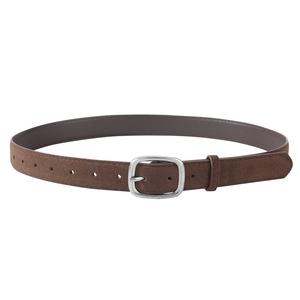 Macro shot of dark brown suede belt texture with matte silver buckle and adjustment holes